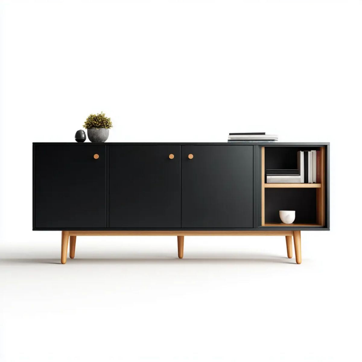Komoda do salonu czarna z płyty MDF i drewna bukowego, 180 × 40 × 75 cm, 3 drzwi i otwarta półka