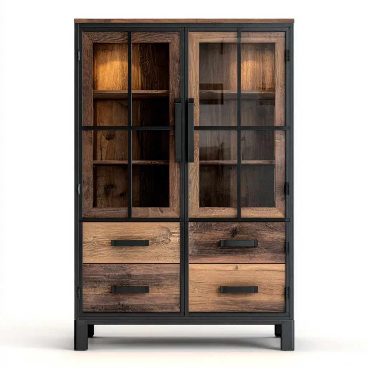 Witryna do salonu z litego drewna mango, szkła i metalu, orzechowo-czarna, 100 x 40 x 190 cm