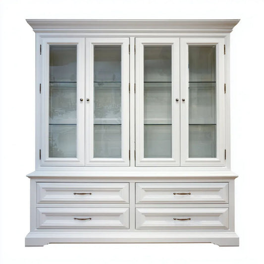 Biała witryna z płyty MDF i szkła, 4 drzwi i 4 szuflady, 200 × 45 × 220 cm