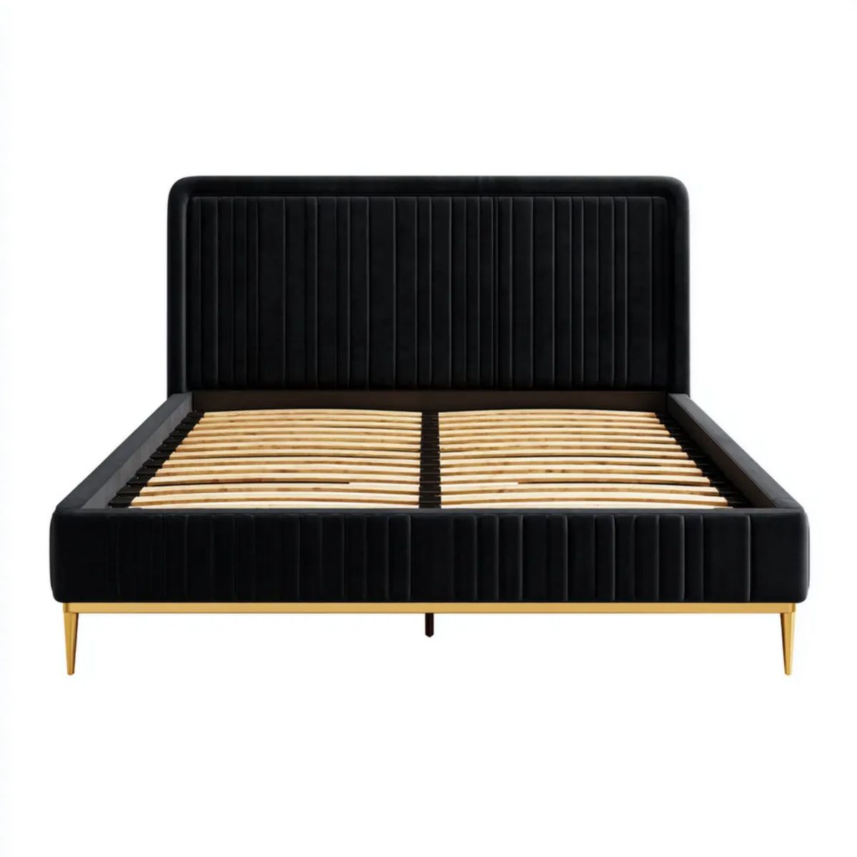 Łóżko tapicerowane 160 × 200 cm, 214 × 170 × 120 cm, czarne z weluru poliestrowego, ze złotymi metalowymi nogami i stelażem listwowym
