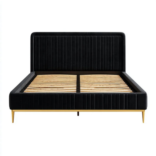 Łóżko tapicerowane 160 × 200 cm, 214 × 170 × 120 cm, czarne z weluru poliestrowego, ze złotymi metalowymi nogami i stelażem listwowym