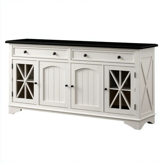 Komoda RTV z 4 drzwiami i 2 szufladami, biała z czarnym blatem, MDF i szkło hartowane, 160 × 45 × 90 cm
