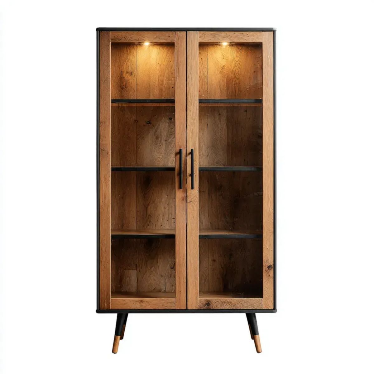 Witryna dwudrzwiowa drewniana ze szkłem, metalem i oświetleniem LED, 90 × 40 × 190 cm