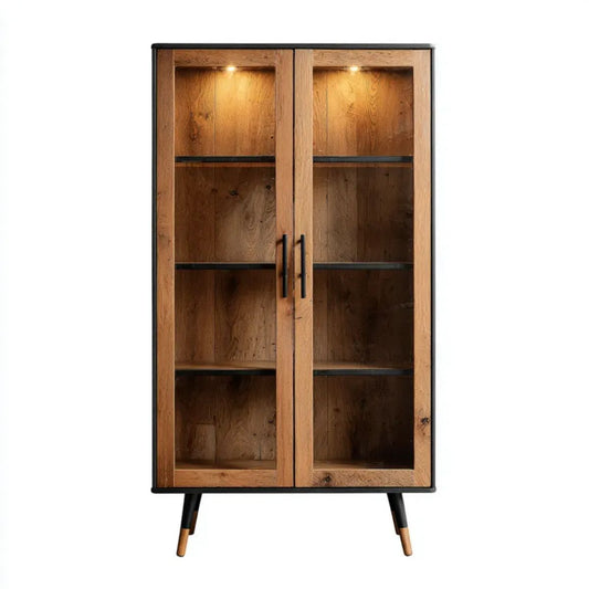 Witryna dwudrzwiowa drewniana ze szkłem, metalem i oświetleniem LED, 90 × 40 × 190 cm