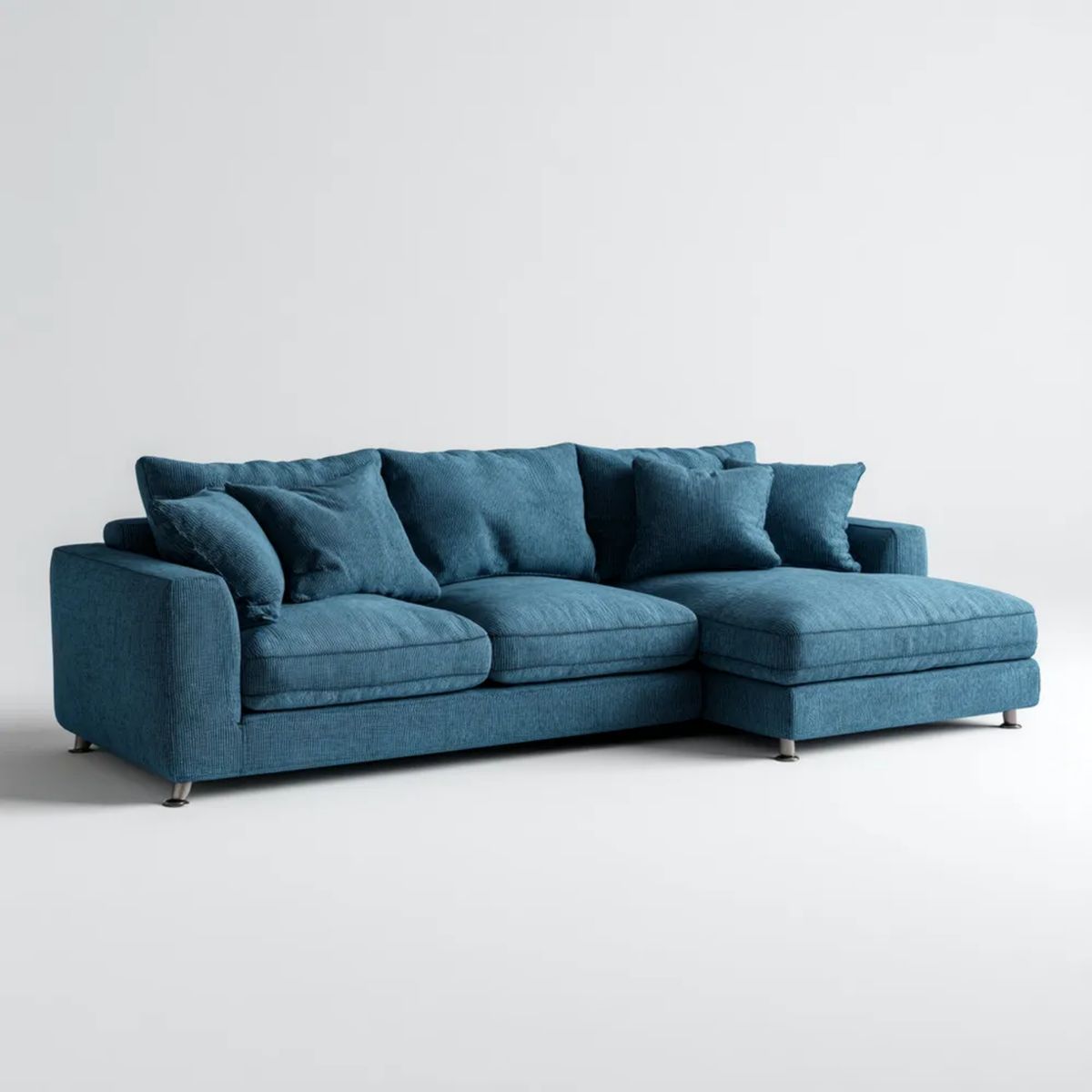 Niebieska sofa narożna z prawostronnym szezlongiem, tapicerowana, 260 x 160 x 85 cm