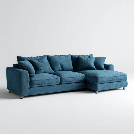 Niebieska sofa narożna z prawostronnym szezlongiem, tapicerowana, 260 x 160 x 85 cm