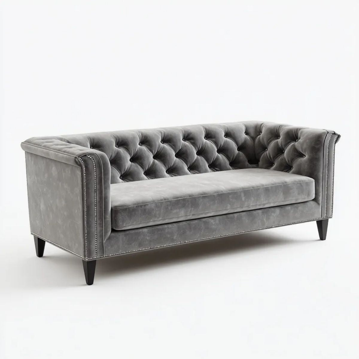 Dwuosobowa sofa Chesterfield z aksamitu, szara, 180 x 88 x 76 cm