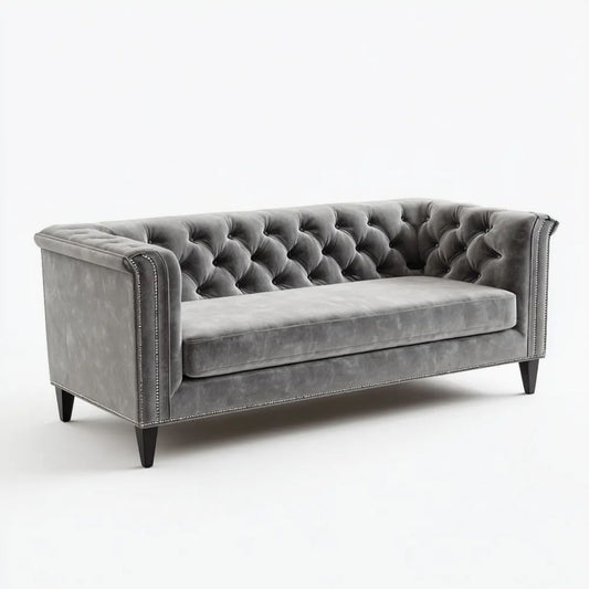 Dwuosobowa sofa Chesterfield z aksamitu, szara, 180 x 88 x 76 cm