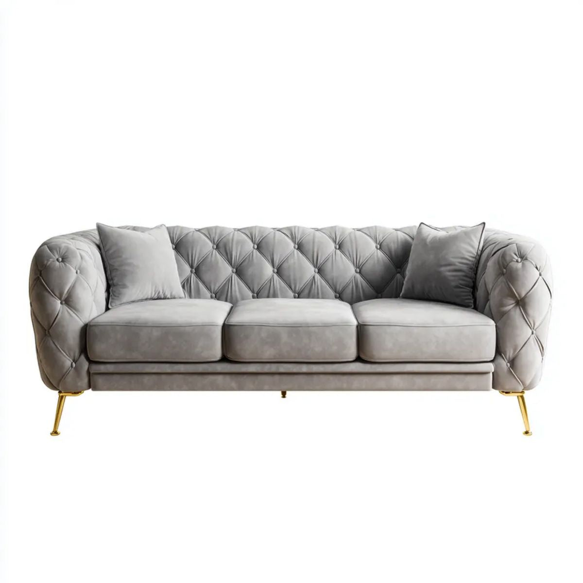 Trzyosobowa sofa aksamitna szara ze złotymi metalowymi nogami, 230 × 95 × 78 cm