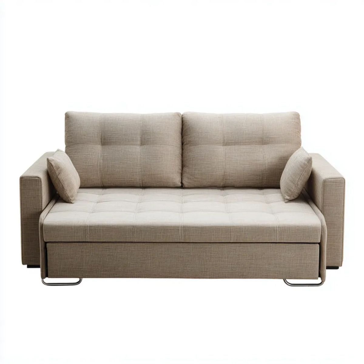 Beżowa rozkładana sofa dwuosobowa z tapicerką poliestrową, 200 x 90 x 85 cm, powierzchnia spania 140 x 200 cm