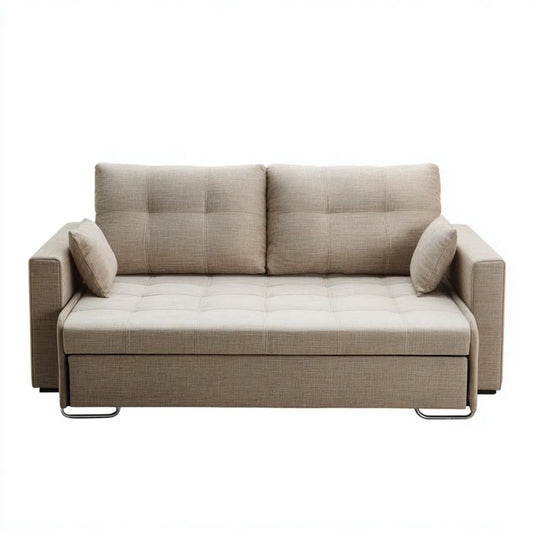 Beżowa rozkładana sofa dwuosobowa z tapicerką poliestrową, 200 x 90 x 85 cm, powierzchnia spania 140 x 200 cm