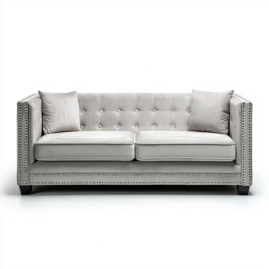 Dwuosobowa sofa Chesterfield z weluru, jasnoszara, 168 x 86 x 78 cm