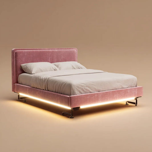 Łóżko podwójne tapicerowane różowe z weluru poliestrowego 160 × 200 cm, 175 × 215 × 110 cm, z oświetleniem LED