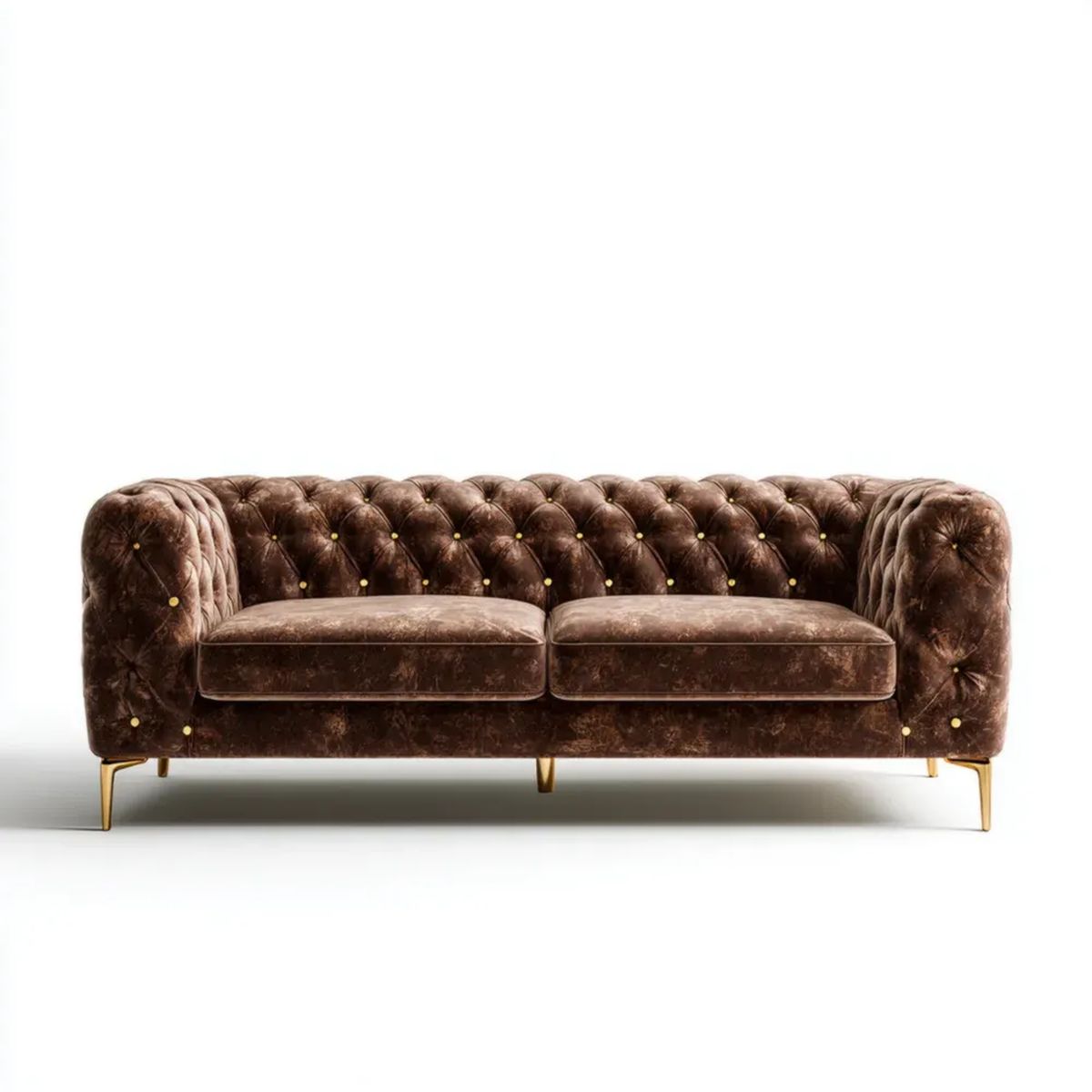 Trzyosobowa sofa Chesterfield z tkaniny brązowa ze złotymi metalowymi nogami 220 x 90 x 76 cm