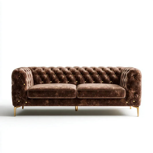 Trzyosobowa sofa Chesterfield z tkaniny brązowa ze złotymi metalowymi nogami 220 x 90 x 76 cm