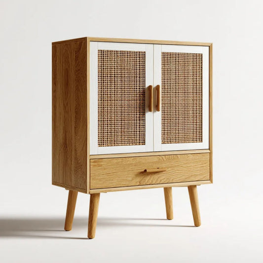 Witryna drewniana z 2 drzwiami i szufladą, MDF i rattan, naturalny dąb/biały/beżowy, 80 x 40 x 120 cm