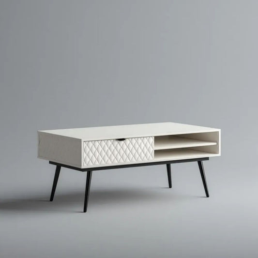 Biały stolik kawowy z szufladą z laminowanej płyty MDF i metalowymi nogami, 120 x 40 x 55 cm