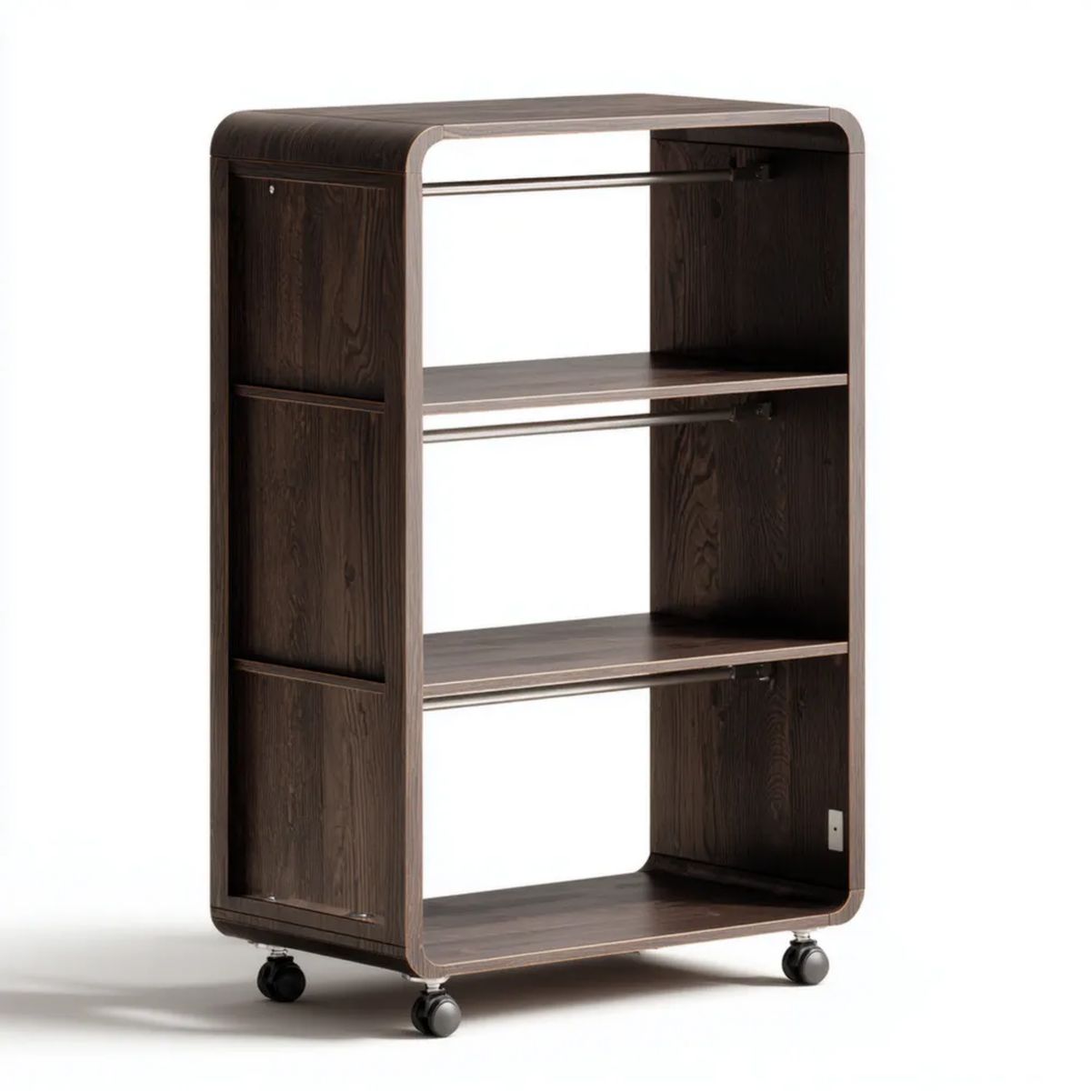 Mobilny regał na kółkach ciemnobrązowy z MDF i fornirem jesionowym, 80 x 45 x 150 cm