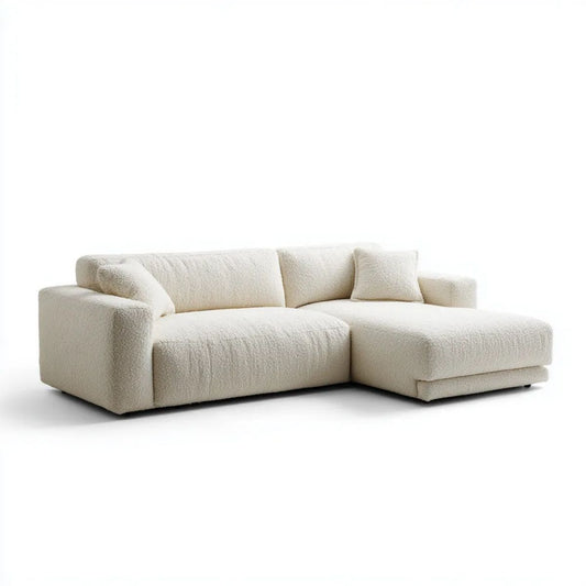 Narożnik z prawym szezlongiem ecru bouclé z poliestru 250 × 165 × 78 cm, kształt L
