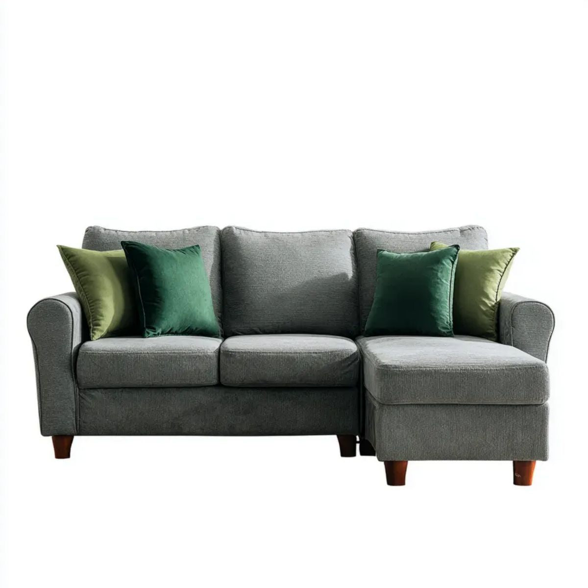 3-osobowa sofa narożna w kształcie L z prawostronnym szezlongiem, szara z zielonymi poduszkami, 225 x 145 x 88 cm