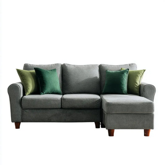 3-osobowa sofa narożna w kształcie L z prawostronnym szezlongiem, szara z zielonymi poduszkami, 225 x 145 x 88 cm