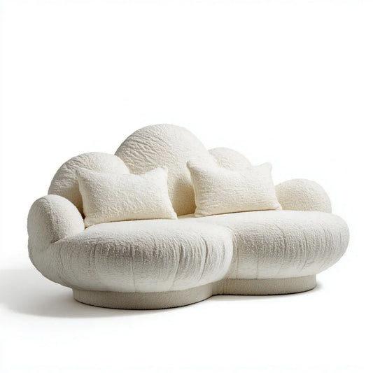 Kremowa dwuosobowa sofa z tkaniny bouclé, 180 × 95 × 82 cm, zaokrąglona