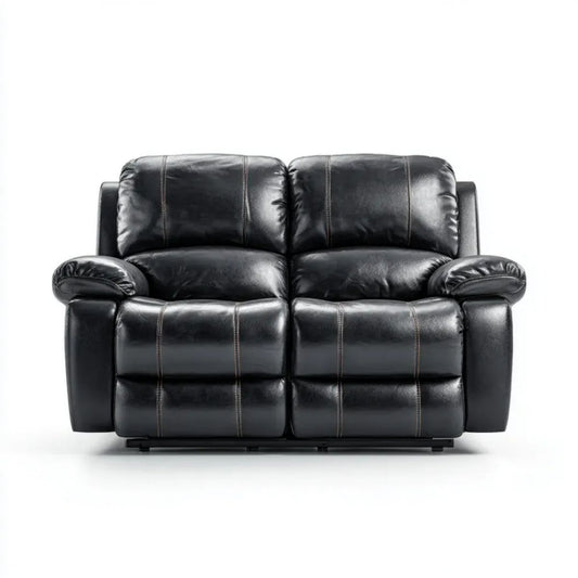 Czarna dwuosobowa sofa ze skóry syntetycznej PU z 2 rozkładanymi podnóżkami, 170 x 95 x 100 cm