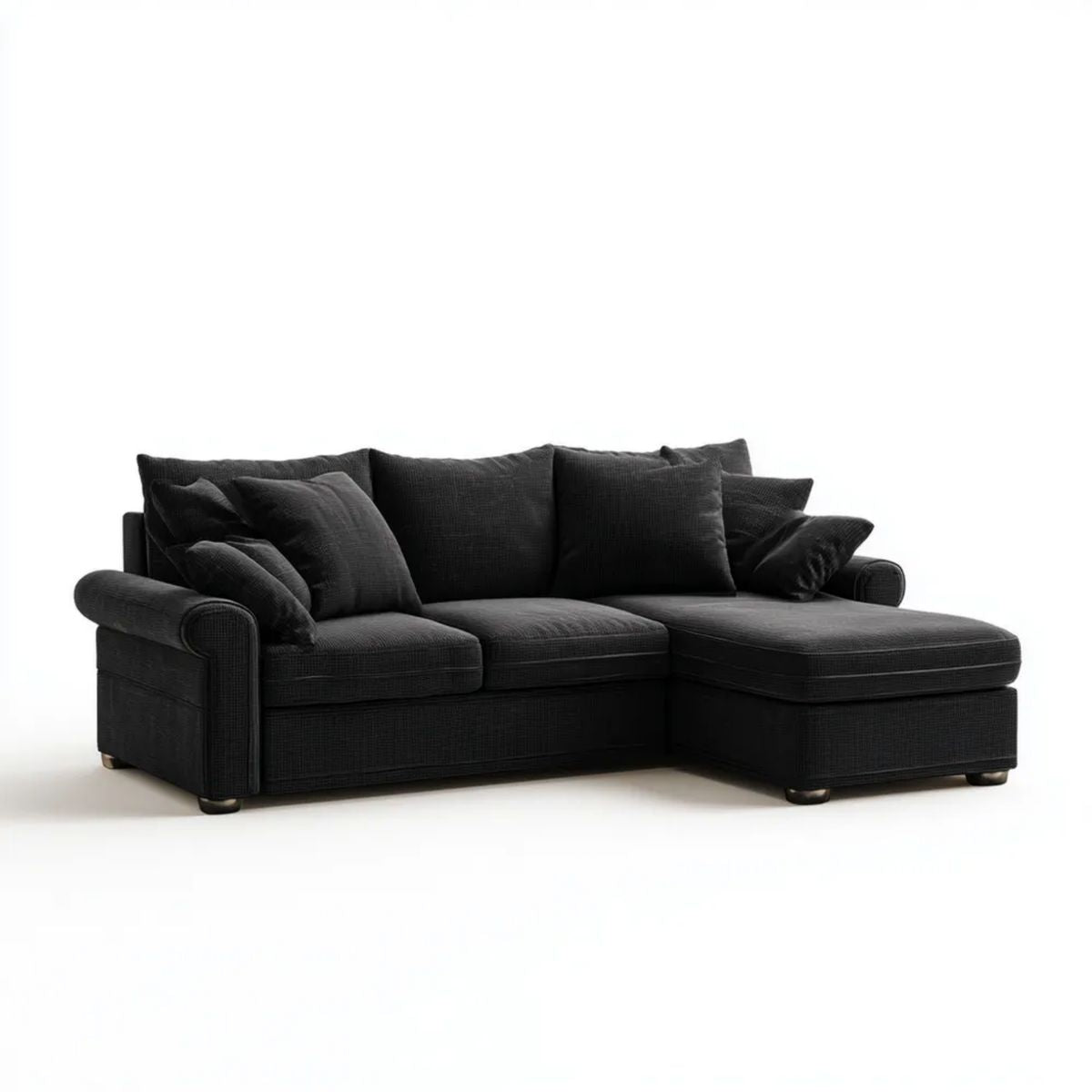 Czarna sofa narożna w kształcie L z prawostronnym szezlongiem, tapicerowana poliestrem, 240 × 160 × 85 cm