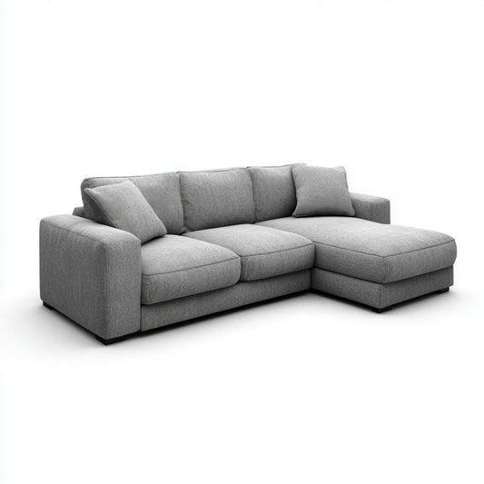 Szara sofa narożna z szezlongiem z poliestru, kształt L, 250 x 160 x 85 cm